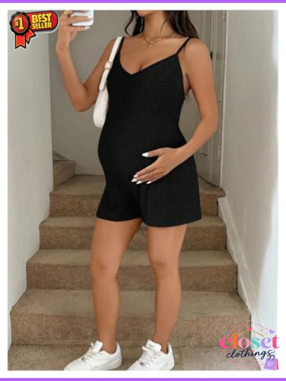 Maternity Cami Romper Rib Knit Short Overall Jumpsuit Adjustable Straps - Picture 4 of 4